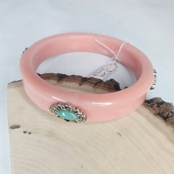 Vintage Coral 80s Bangle with Faux Turquoise Accents EUC Sz 8" Width 1/2" - Picture 5 of 9